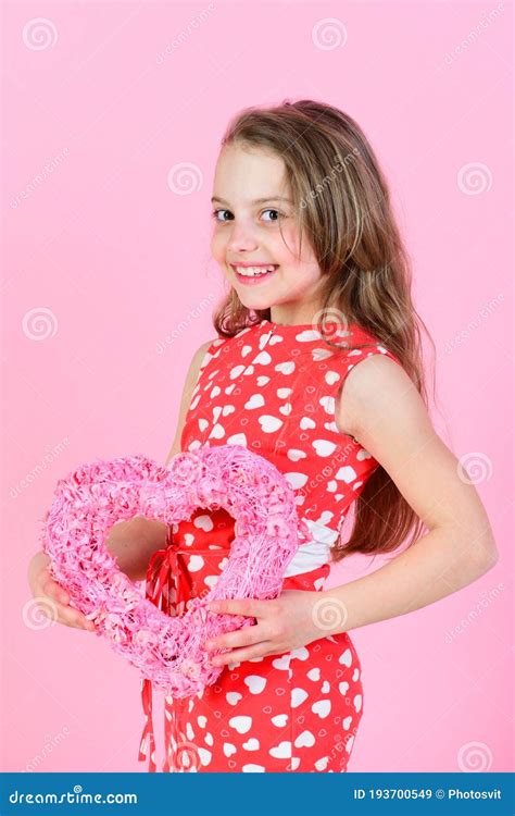 Happy Girl Holding Rosy Heart On Pink Background Stock Image Image Of