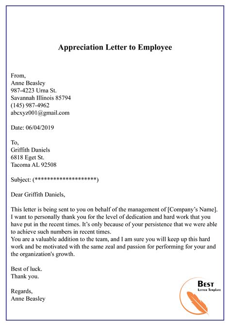 Appreciation Letter To Employee 01 Best Letter Template