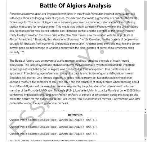 The battle of algiers won the golden lion at the venice film festival in 1966 and eventually earned three oscar nominations including best director and best foreign language film. Battle Of Algiers Analysis Essay Example for Free - 1225 ...
