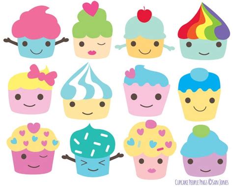 Cupcake Clip Art Kawaii Cupcakes Characters Set Kawaii Etsy