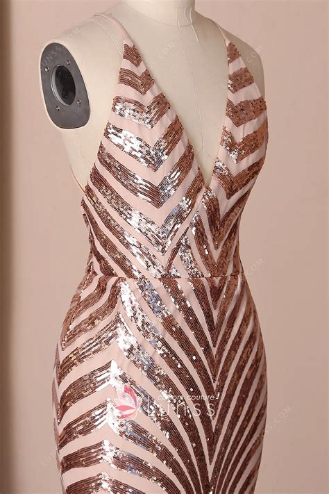 Gorgeous Rose Gold Spider Web Sequin Low Back Prom Dress Lunss