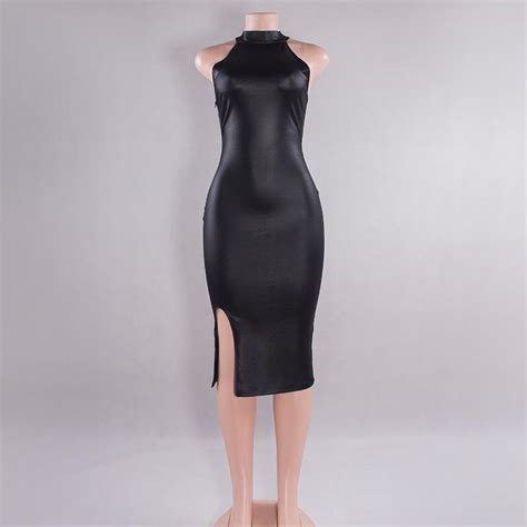 Womens Sexy Faux Leather Bodycon Dress 2018 Summer Ladies Backless Black Bandage Vestidos Side