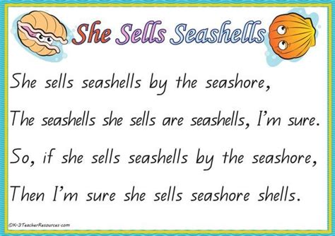 She Sells Seashells By The Seashore Printable A4 Page Large Print Pages Sentence And Wo