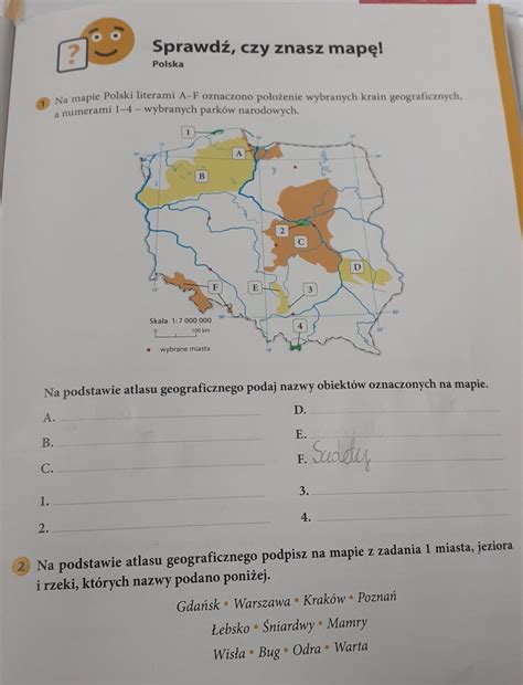 Mapa polski, zestaw przydanych map polski. Na mapie Polski literami A-F oznaczono położenie wybranych ...