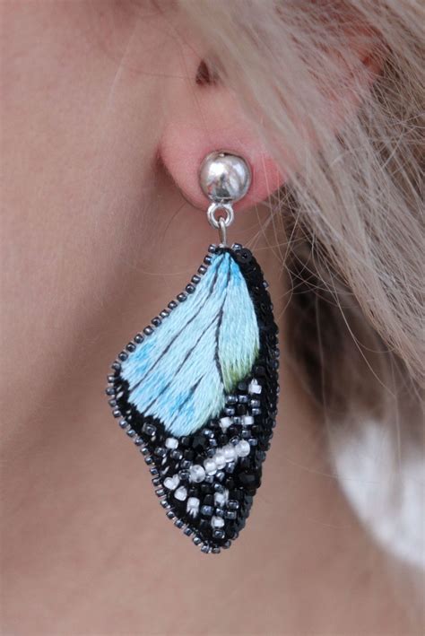 Blue Butterfly Wing Earrings Beaded Embroidered Earrings Etsy