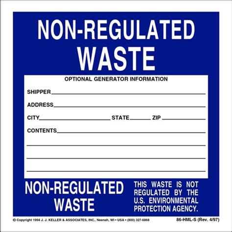 Non Regulated Waste Labels Vinyl Single Sheet 1 Label Sheet Part