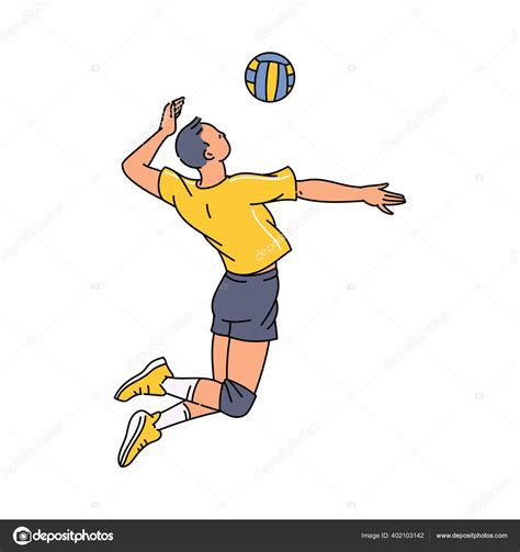 Voleibol Jugador Hombre Saltar Sirviendo Bola Bosquejo Vector