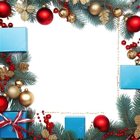Blue Christmas Frame With Fir Branches Red Tboxes Silver And