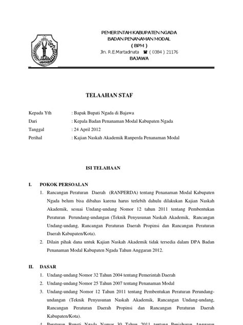 Tentu saja bukan hal yang mudah untuk mendapatkan dispensasi kalau kamu tidak membuat surat dispensasi dengan benar. Contoh Surat Telaahan Staf Ke Bupati - Contoh Seputar Surat