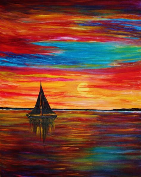 Original Oil Painting Sail And Sunset Seascape Boat Sky