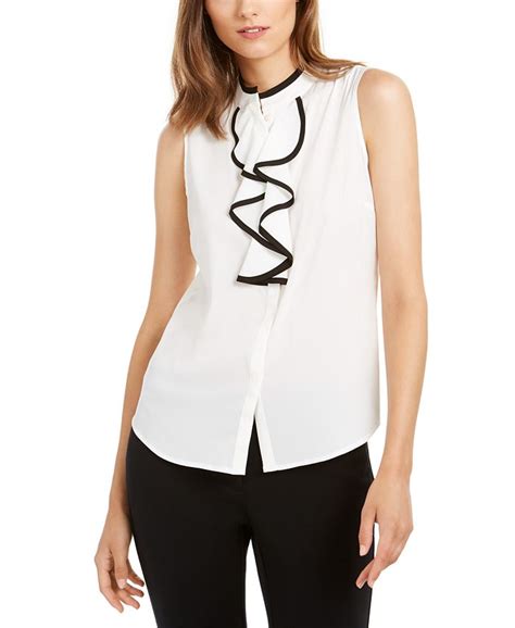 Calvin Klein Sleeveless Piped Ruffle Button Up Blouse And Reviews Wear