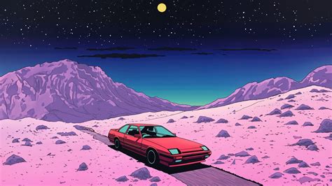 2048x1152 Starry Desert Adventure On Classic Car Synthwave Road