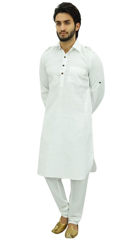 Atasi Mens Classic White Pathani Style Kurta Pajama Set Long Cotton Gzq Ebay
