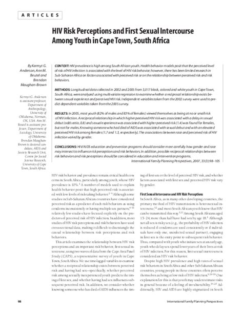 pdf hiv risk perceptions and first sexual intercourse among youth in cape town south africa