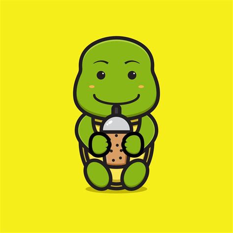 Cute Turtle Mascot Character Drinking Boba Cartoon Vector Icon