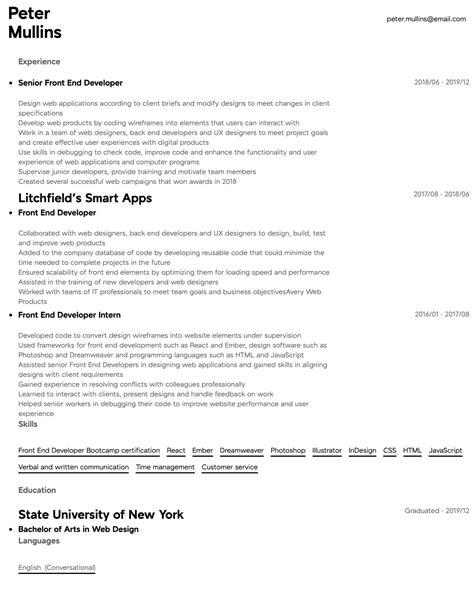 Seasoned and independent front end developer with 5 years of experience in blending the art of design with skill of programming to deliver an immersive and engaging user experience through efficient website. Front End Developer Resume Samples | All Experience Levels | Resume.com | Resume.com