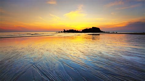 Nature Landscape Sea Waves Beach Rock Formation Sunset Horizon
