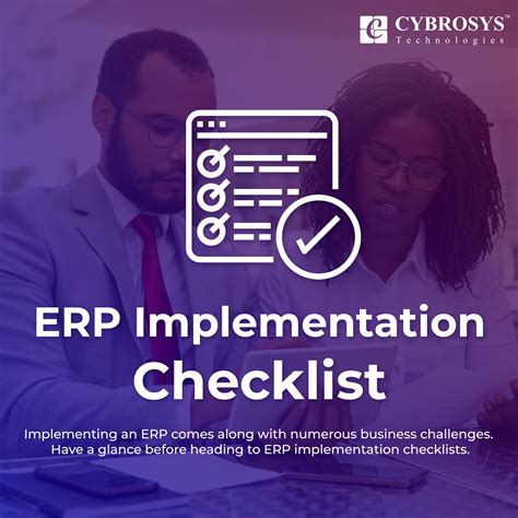 A Man And Woman Looking At Paperwork With The Words Erp Implementation