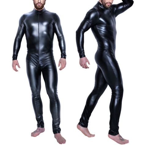 herren kunstleder jumpsuit langarm bodysuit wetlook playsuit overall clubwear ebay