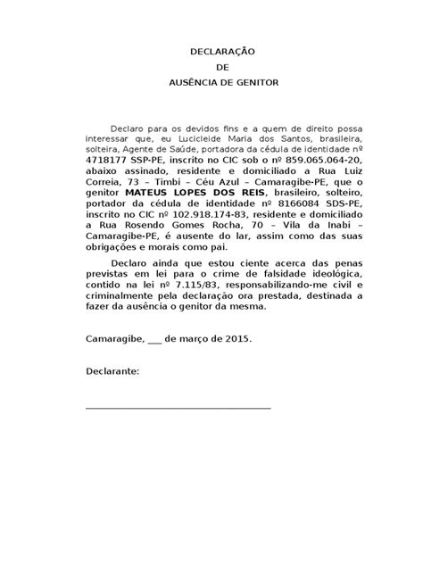 Pdf Declaração De Ausência De Genitor Dokumentips