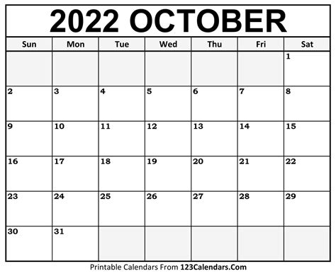 Printable October 2022 Calendar Templates - 123Calendars.com