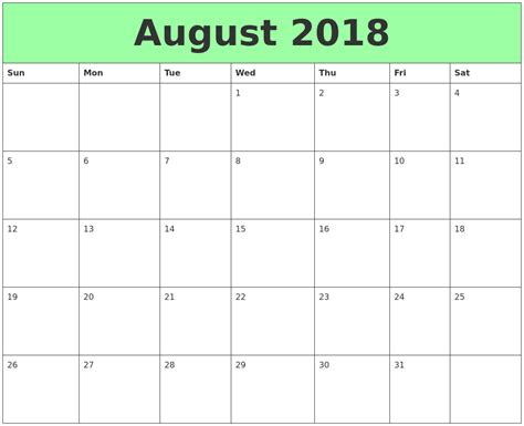 August 2018 Printable Calendars