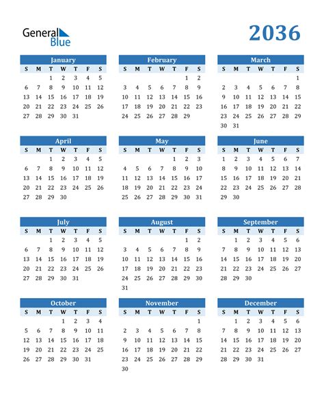 2036 Calendar Pdf Word Excel