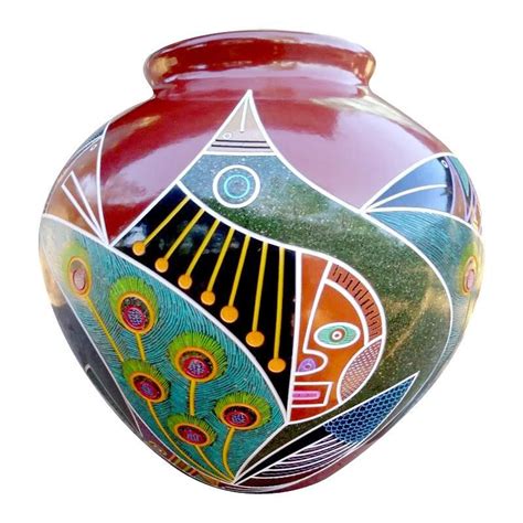 Colorful Modern Graphic Etched Ceramic Vessel Tall Round Pottery