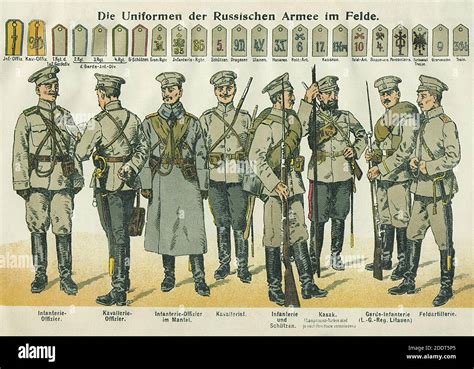 los uniformes del ejército ruso en el campo 1914 de izquierda a derecha oficial de infantería