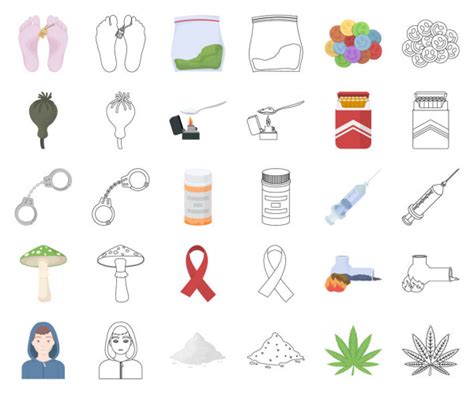 Drug Addiction And Attributes Cartoonoutline Icons In Set Collection