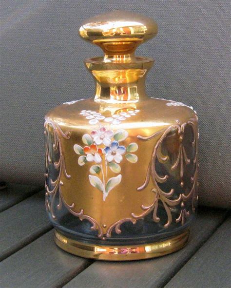Vintage Bohemian Czech Glass Enamel Gold Perfume Bottle Moser