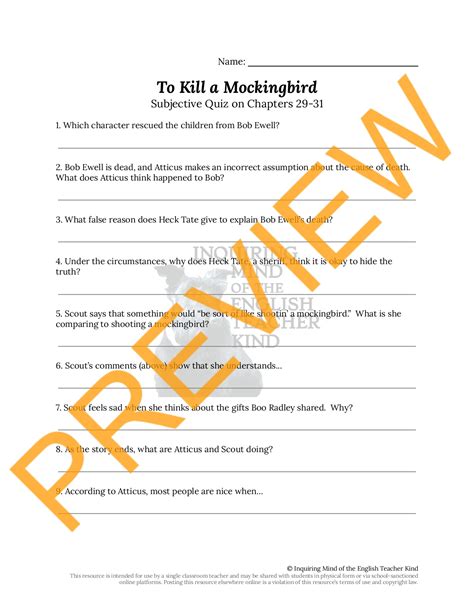 To Kill A Mockingbird Chapters 29 31 Quiz And Answer Key Teaching