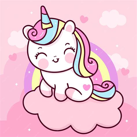 Premium Vector Cute Unicorn Cartoon On Sweet Cloud With Rainbow