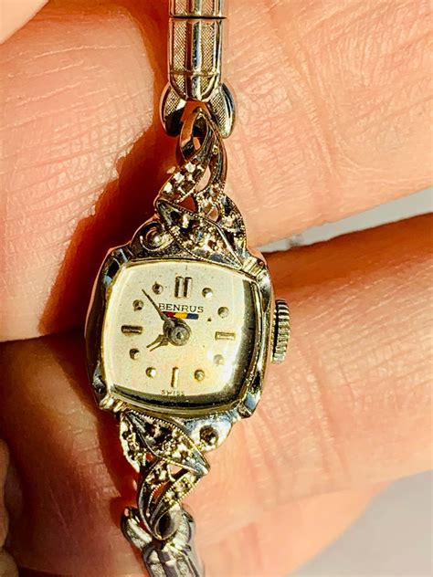 Vintage Gold Watch Benrus Ladies Watch 14k White Gold And Diamonds Art Deco Ara