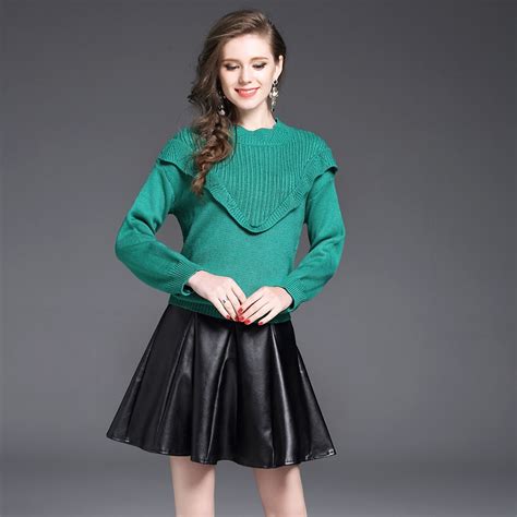 new 2017 winter autumn european fashion women knitting pullover sweater and black pleated skirt pu
