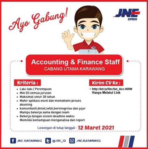 Lowongan kerja jne surabaya terbaru 2021 terbaru lowongan kerja maret 2021 jawa timur lulusan sma smk d3 d4 s1 s2 semua jurusan loker tahun 2021 bank bumn cpns pekerjaan melamar swasta perusahaan officer development program bni. Lowongan Kerja JNE Express Karawang | KabarKerja