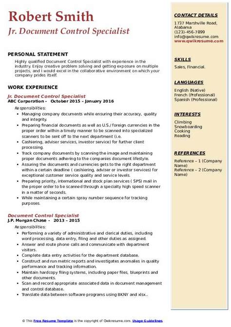 Document Control Specialist Resume Samples Qwikresume