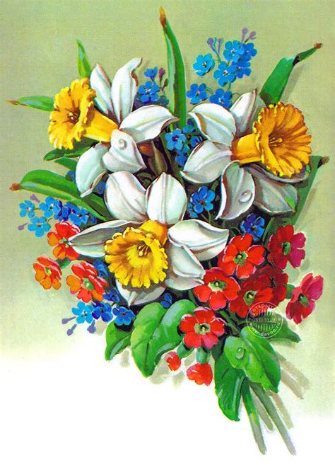 Vİntage Postcard Bouquet Of Varİous Flower Design Patterns Studio