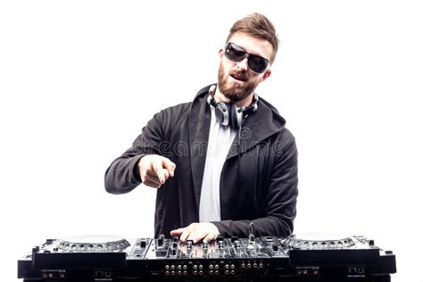 Trendy Male Dj Posing Against Mixing Console Stock Photo Image Of