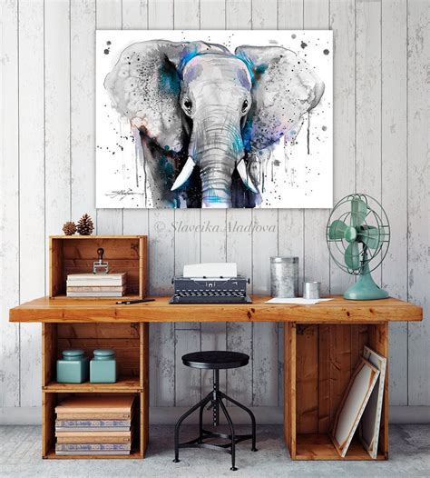 Black And White Elephant Watercolor Painting Print By Slaveika Etsy