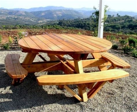Round Picnic Tables With Attached Benches Built To Last Decades Forever Redwood