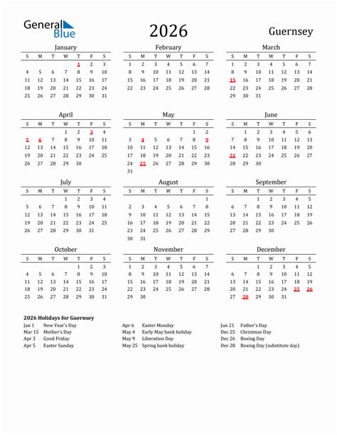 Free Guernsey Holidays Calendar For Year 2026