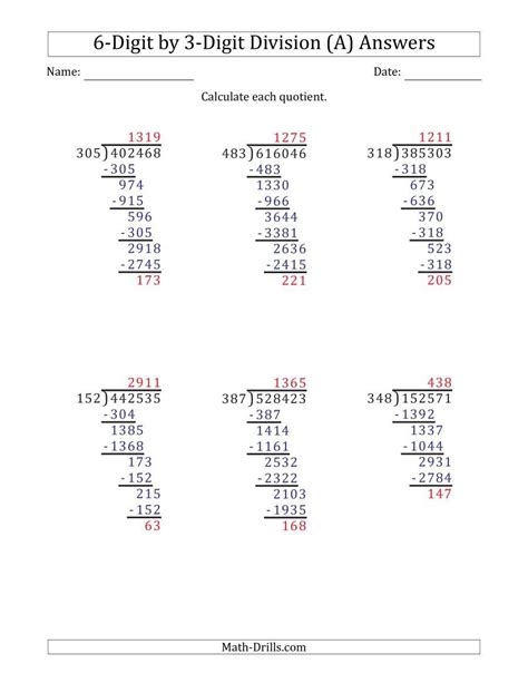 6 Digit Subtraction Worksheets Digit By Division With Remainders And