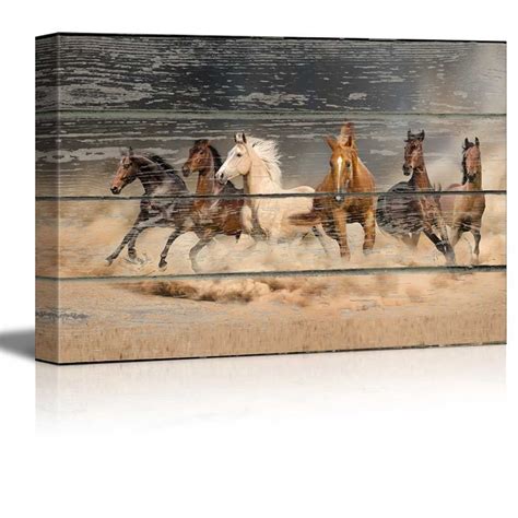 Wall26 Canvas Wall Art Galloping Horses On Vintage Wood Textured