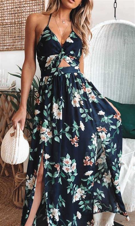Navy Floral Knot Split Maxi Dress Trendy Dresses Summer Maxi Dress Floral Maxi Dress