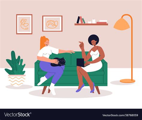 Interracial Lesbian Couple Relaxing On Comfy Sofa Vector Image