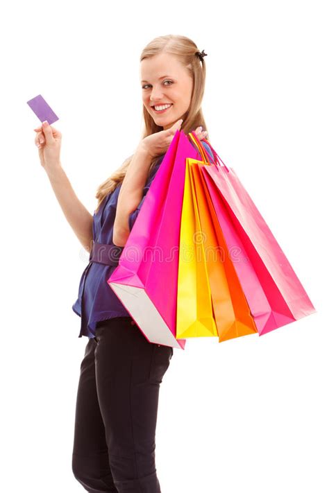 Woman Holding Shopping Bags And Card Stock Photo Image Of Casual