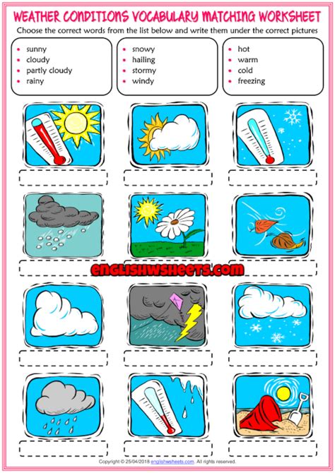 Weather conditions esl matching exercise worksheet for kids