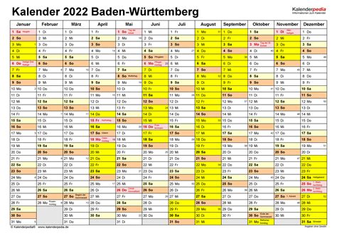 2021 sind sie zwei wochen lang. Kalender 2022 Baden-Württemberg: Ferien, Feiertage, Excel ...