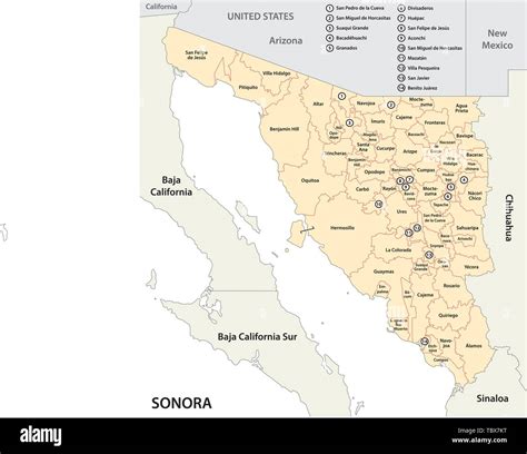 Mapa Político Y Administrativo Del Estado Mexicano De Sonora En Español